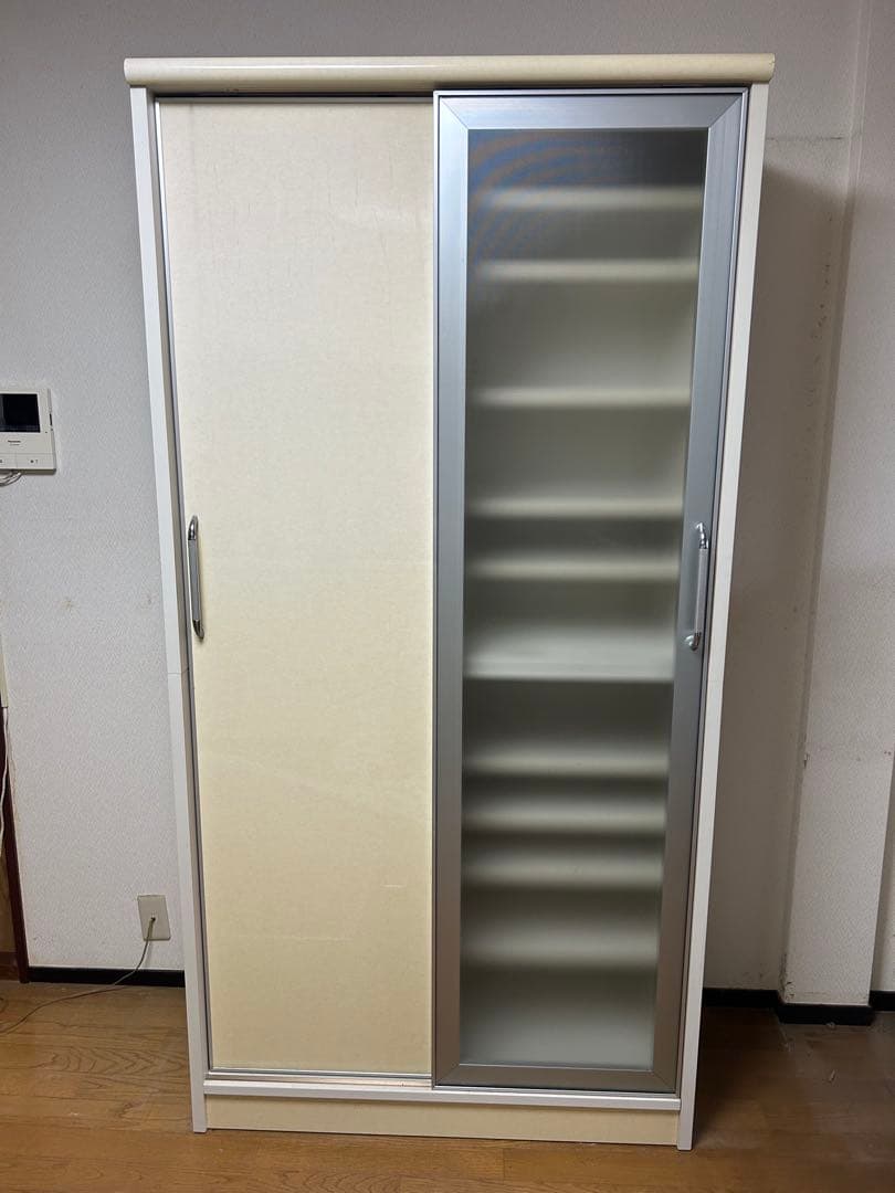 スライド式食器棚 ベージュ ホワイト