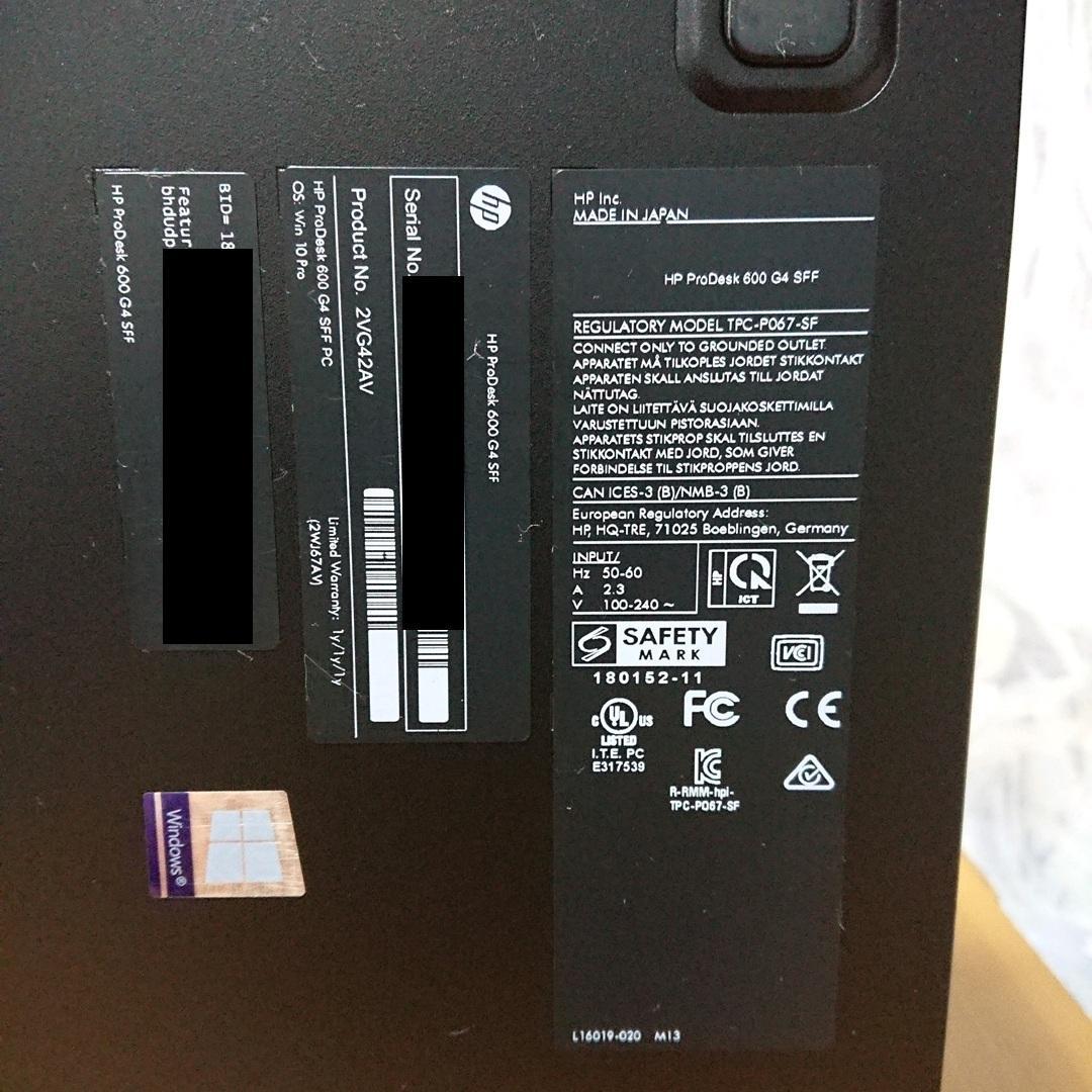 Windowsデスクトップ HP ProDesk 600G4 i5-8500/16GB/256GB SSD