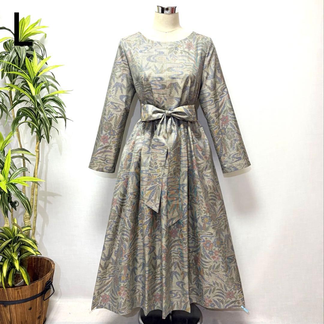 着物リメイクワンピース　大島紬　花柄　ロング　ふんわりギャザー　L ゆったり