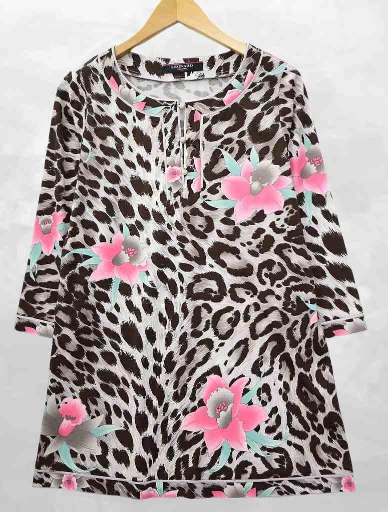 レオナール ハーフボタン 長袖 レオパード ウエストベルト チュニック L