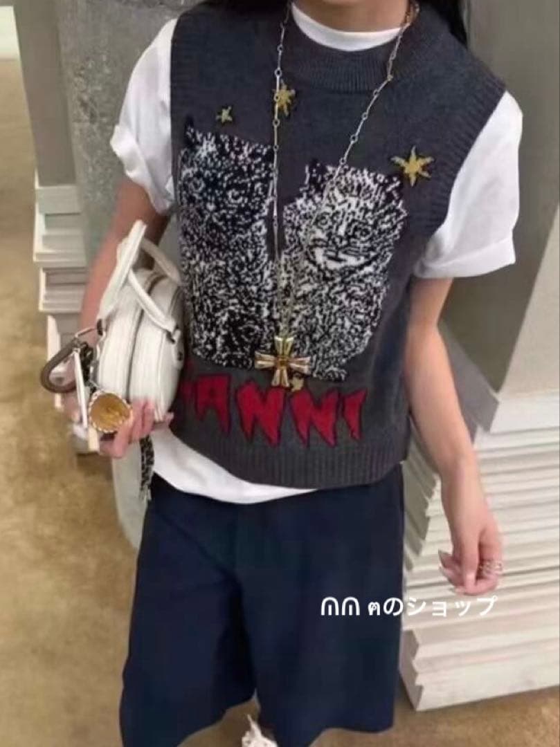 GANNI 猫 ニットベスト グレー S