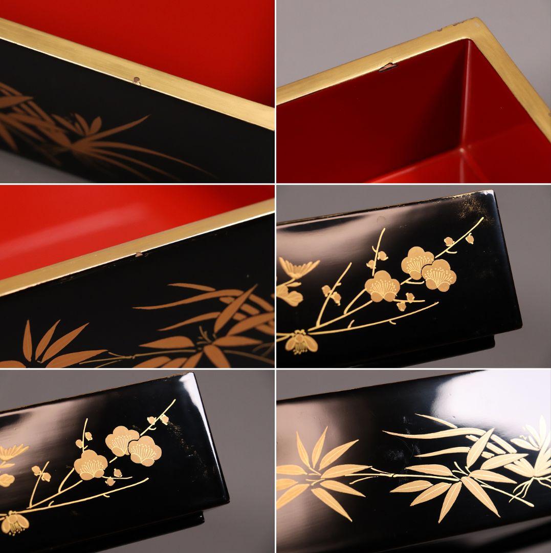 輪島塗 四君子 金蒔絵 二段重 重台 二枚蓋 黒塗 朱塗 木箱 木製 MA90