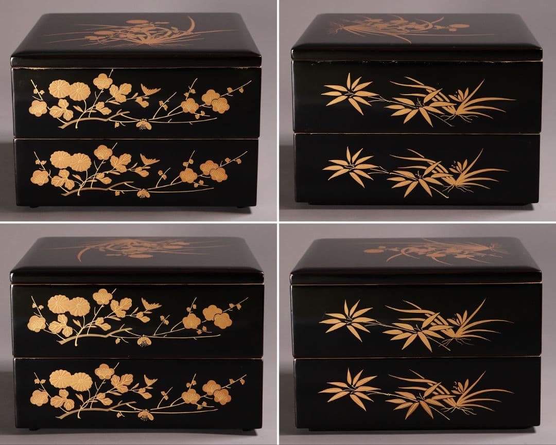輪島塗 四君子 金蒔絵 二段重 重台 二枚蓋 黒塗 朱塗 木箱 木製 MA90