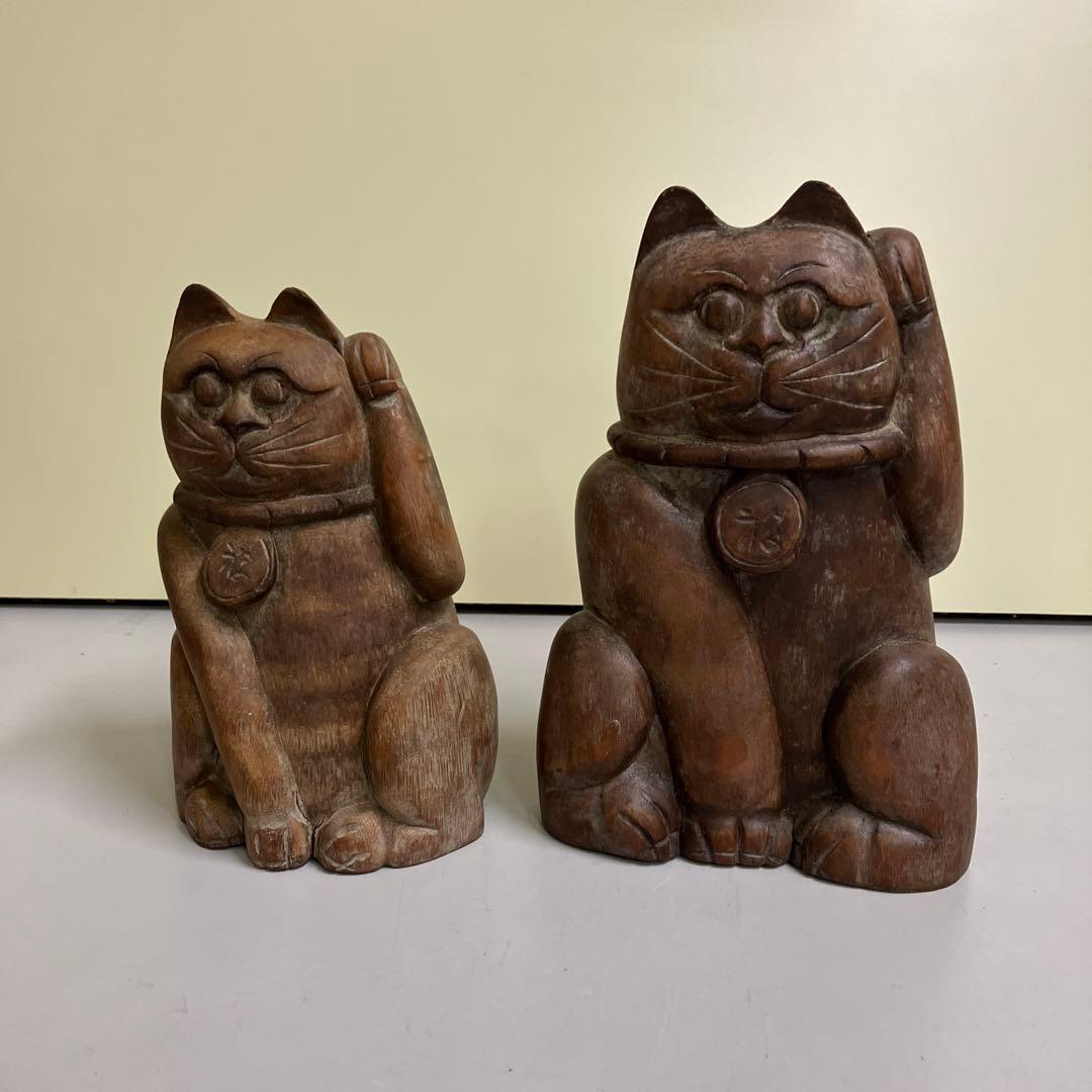 E-4昭和レトロ 招き猫 木製 置物 木彫り縁起物 2点セット 古道具 オブジェ