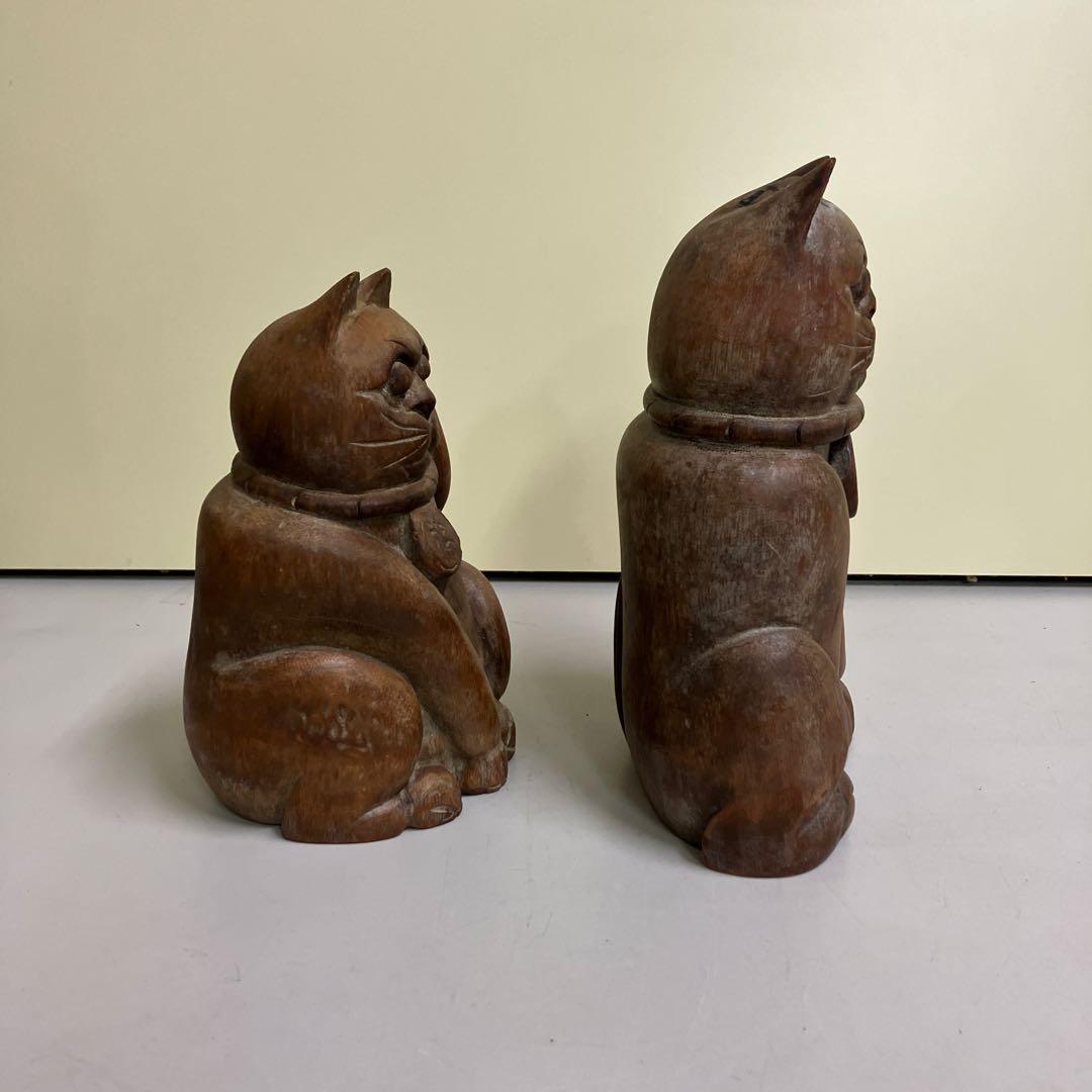 E-4昭和レトロ 招き猫 木製 置物 木彫り縁起物 2点セット 古道具 オブジェ