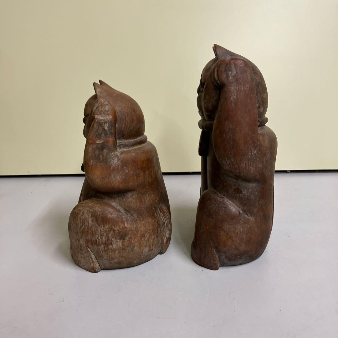 E-4昭和レトロ 招き猫 木製 置物 木彫り縁起物 2点セット 古道具 オブジェ