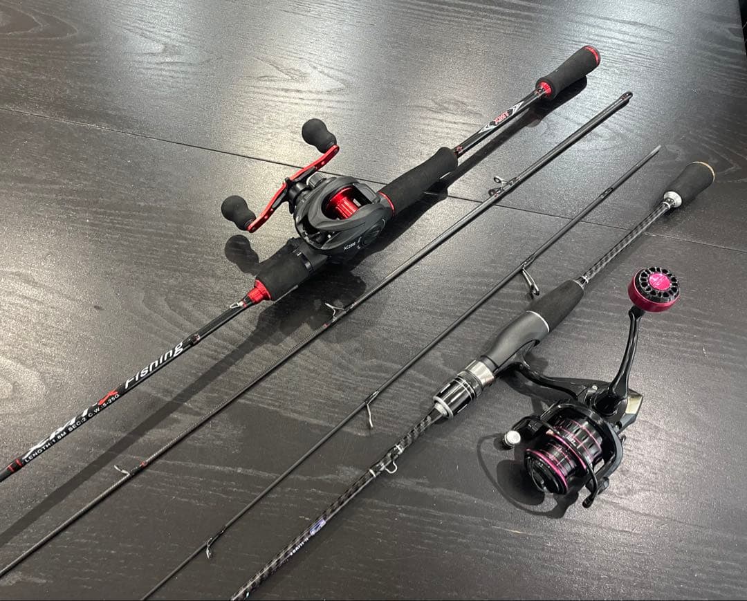 バス釣り2セット・ベイトロッド&リール(右巻)スピニングロッド&リール・ライン付