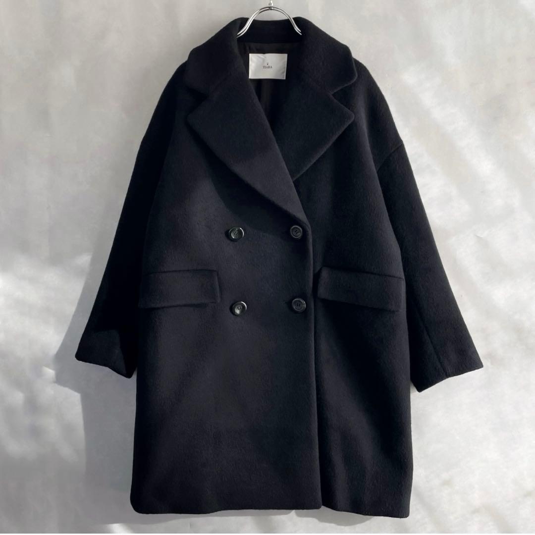 美品✨ティアラ　6.4万　ウール　ダブルブレスト　　コクーンPコート　黒　F