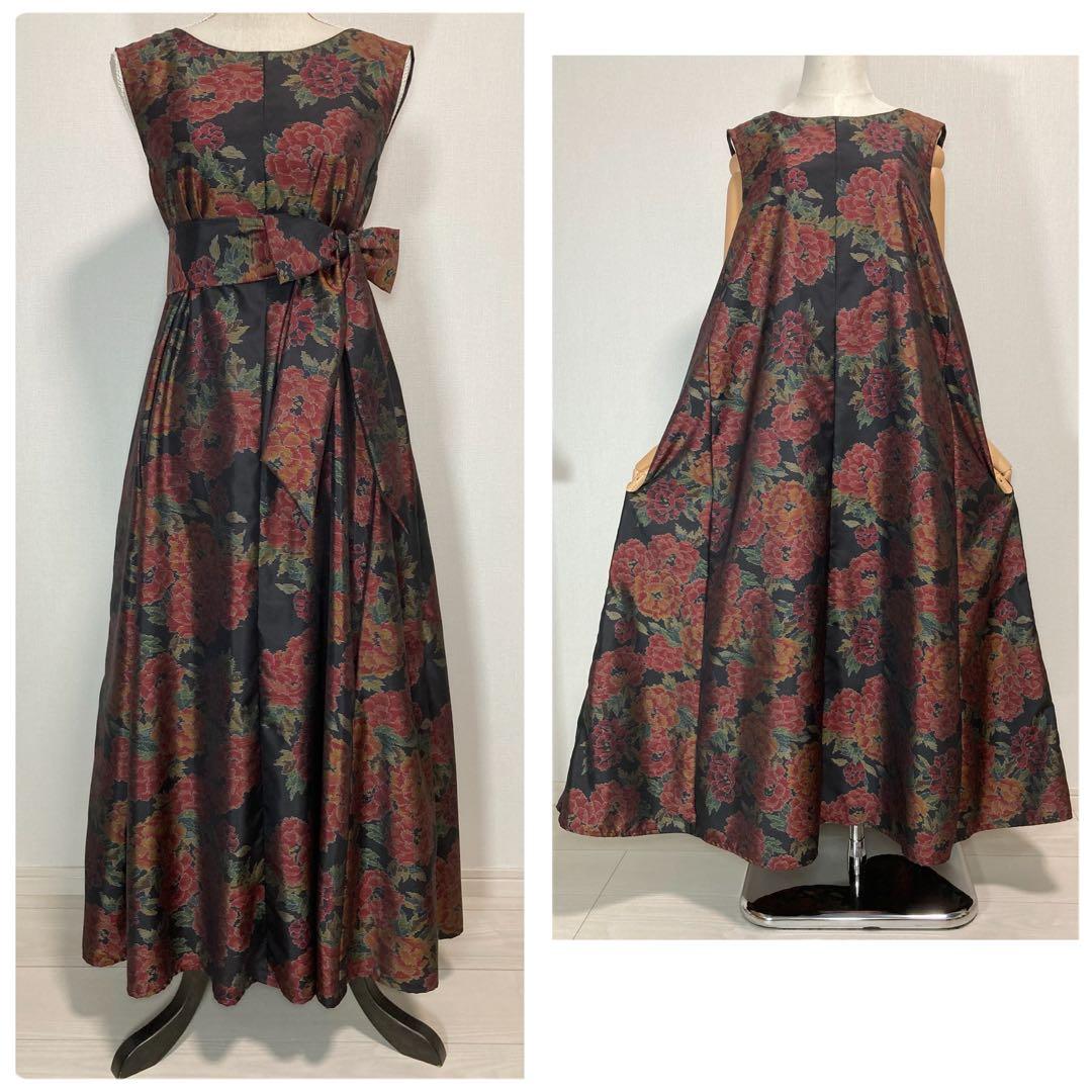 着物リメイク　大島紬ロングフレアワンピース（後ろVネック）着丈128㎝