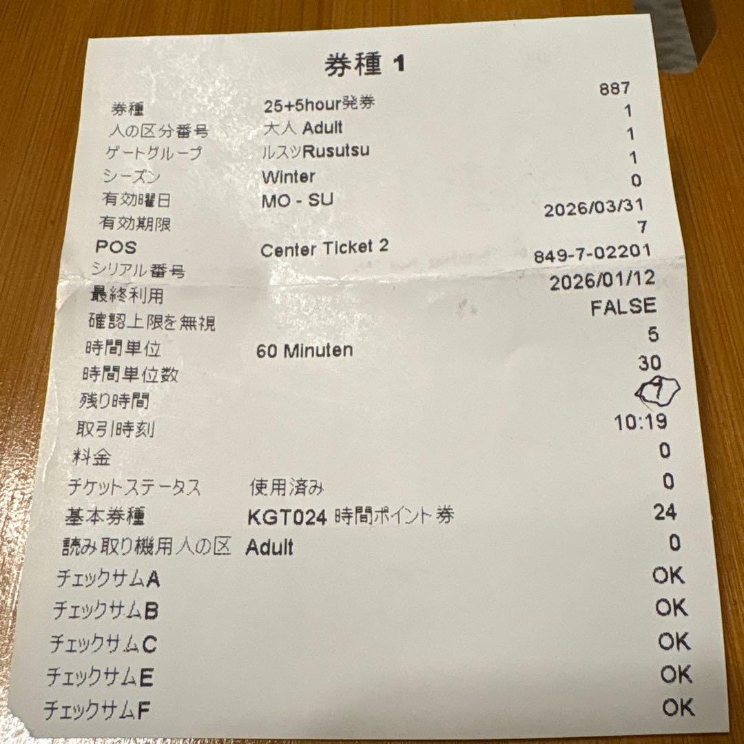 ルスツ 25-26リフト券 大人　残り7時間券