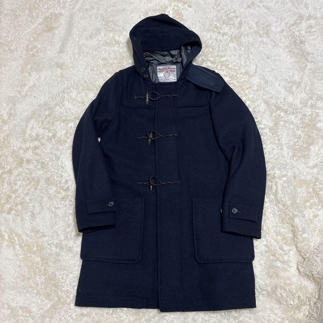 ハリスツイード×ビームスプラス ダッフルコート ロング L フード 牛革 紺