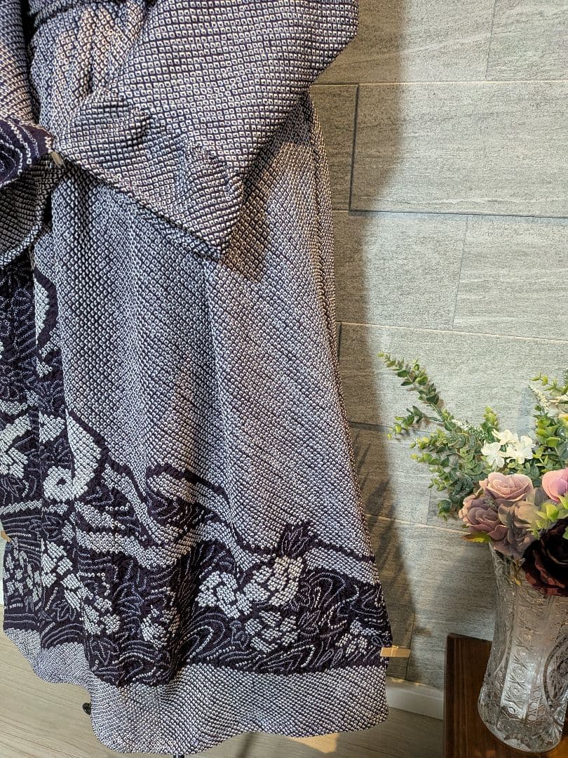 A261総絞り着物リメイクギャザーワンピース★リボン・ブローチ