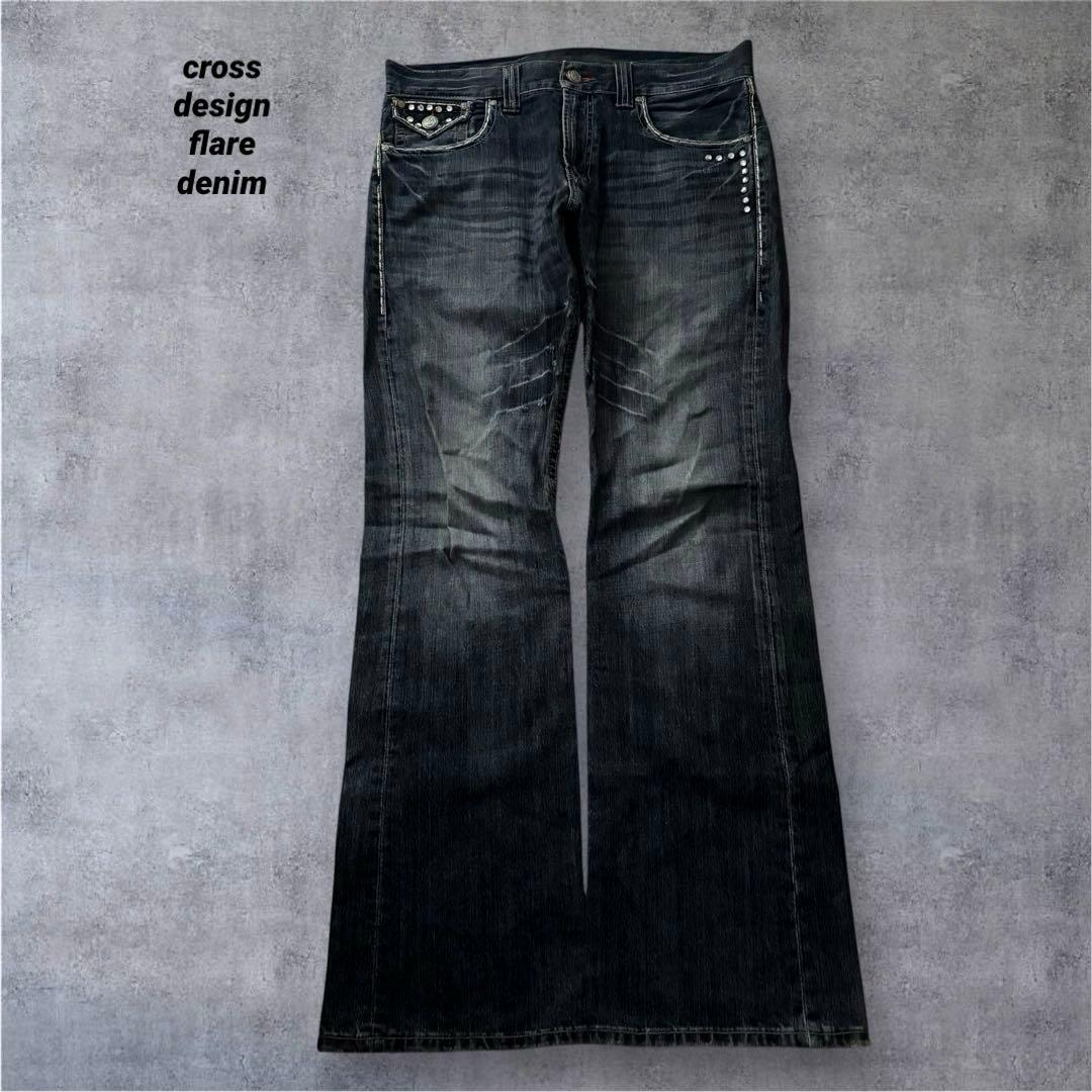 パンツ grunge cross design flare denim y2k