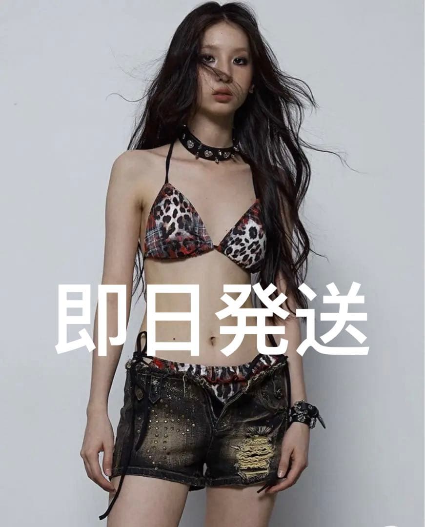即購可NO ROMANCE チェック柄レオパード柄パンクビキニセットy2k00s