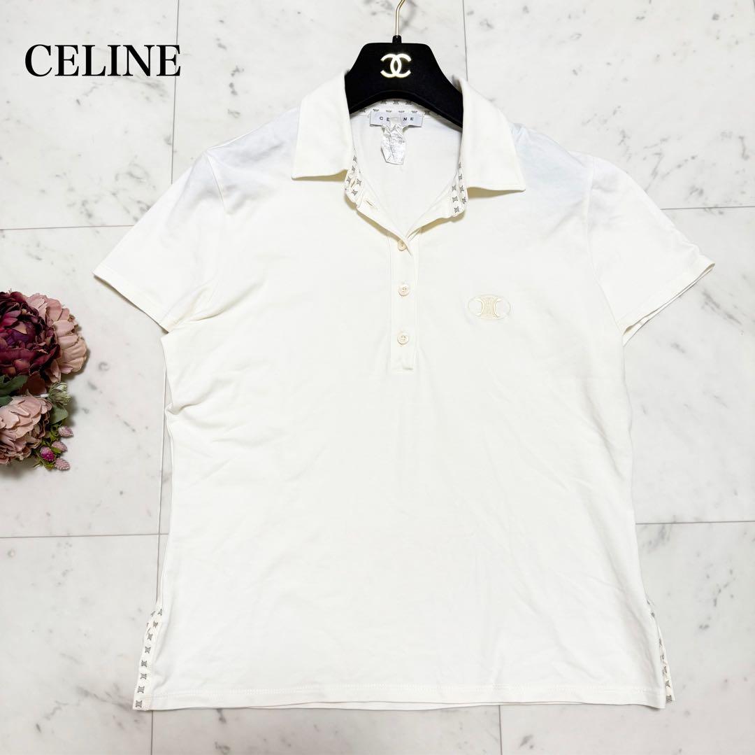 美品❤️セリーヌ　半袖　ポロシャツ　トリオンフ　刺繍　ホワイト　L マカダム柄