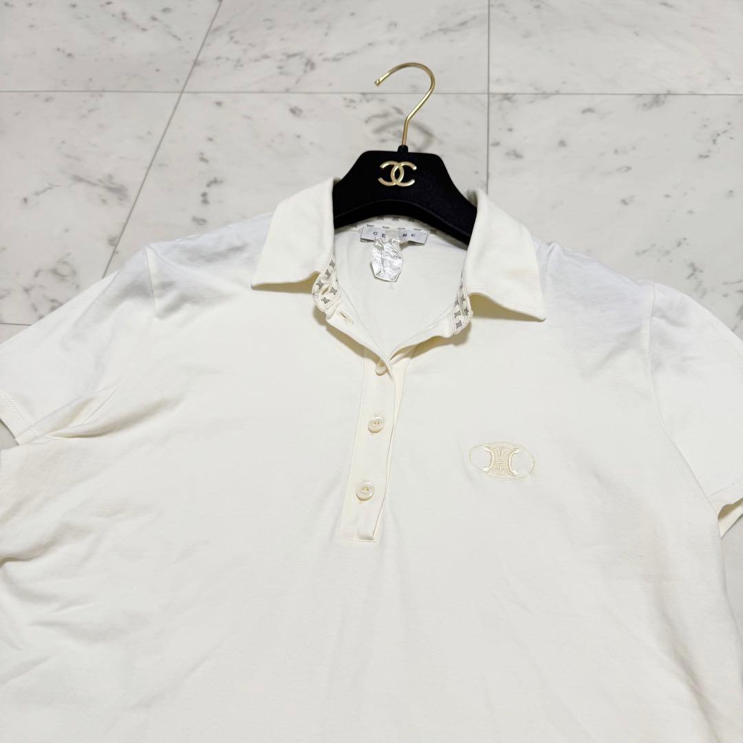 美品❤️セリーヌ　半袖　ポロシャツ　トリオンフ　刺繍　ホワイト　L マカダム柄