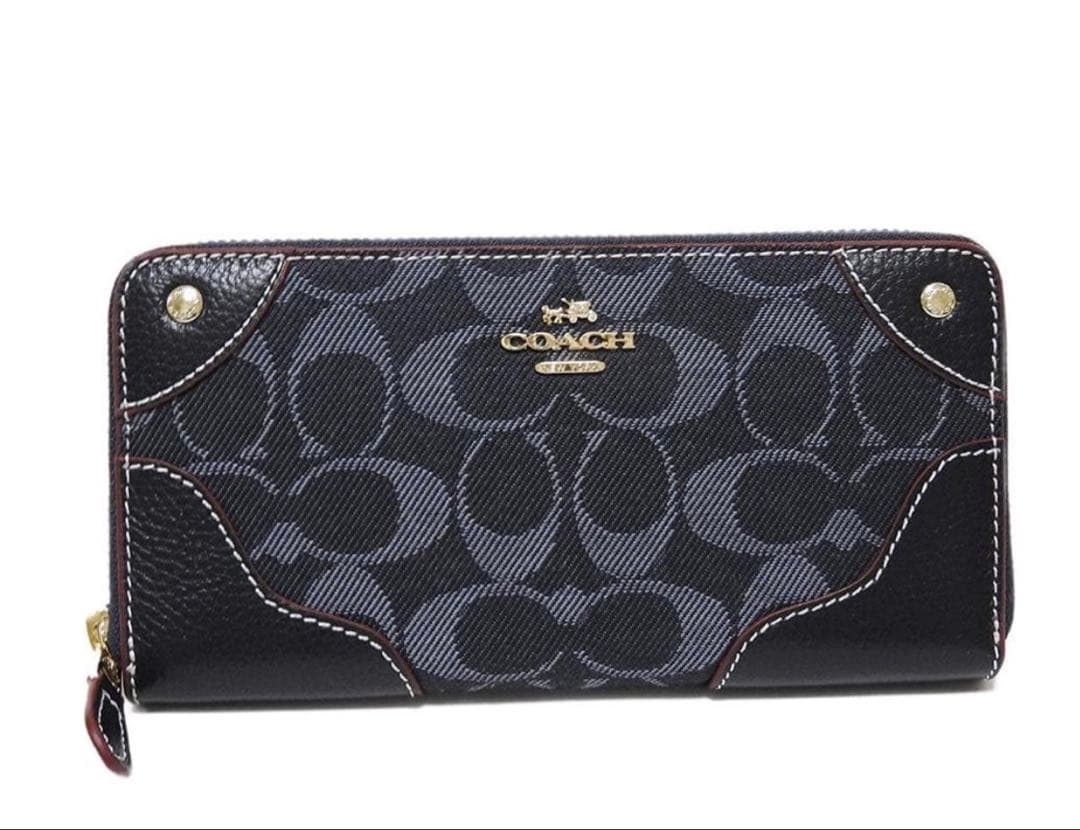 COACH コーチデニムレザー アコーディオン ジップ長財布 ミッドナイトブルー