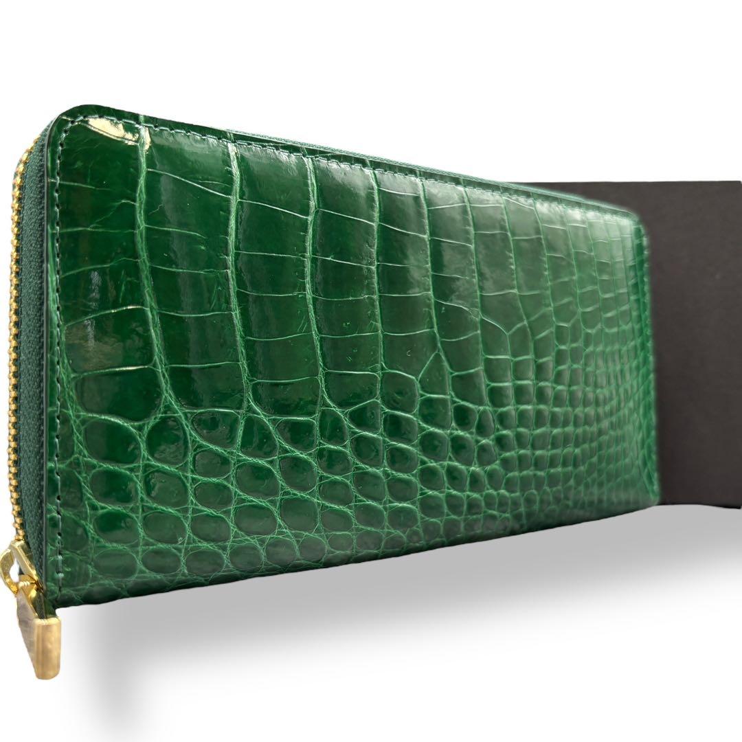 新品未使用 リアル シャイニングクロコ ラウンドファスナー ヘンローン グリーン
