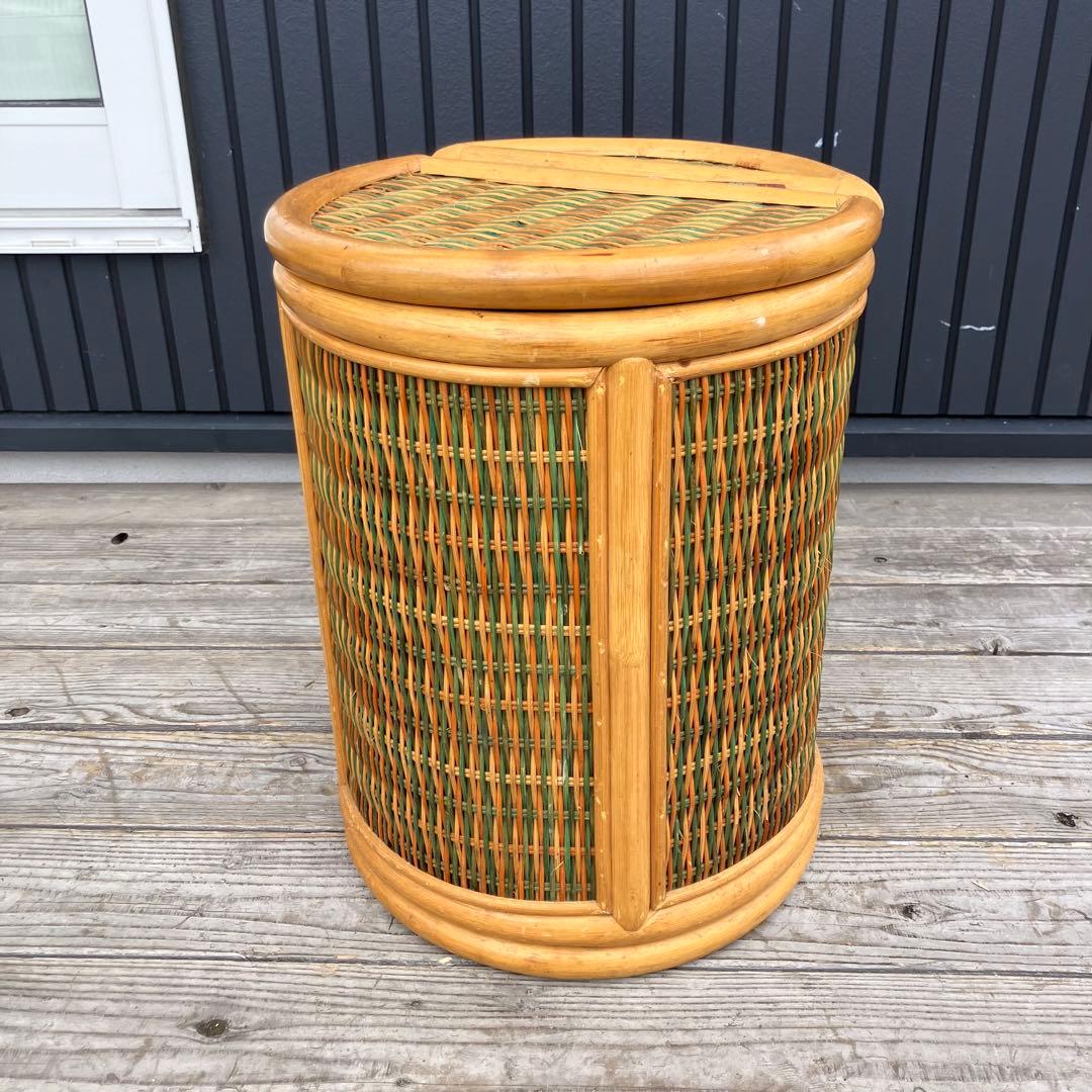 昭和レトロ ラタン 円筒形フタ付きごみ箱 円形スツール ラタンスツール 丸椅子