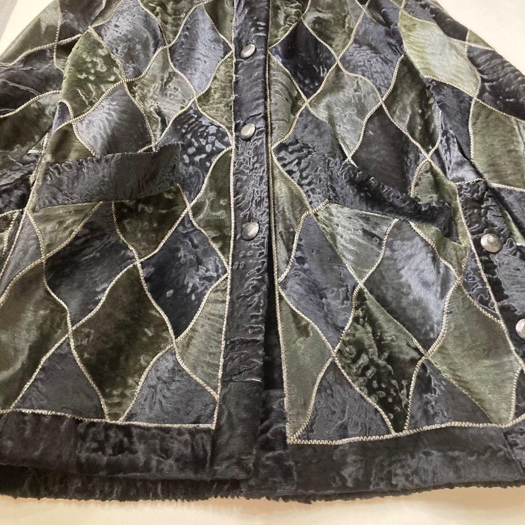 リンナネン【L】高級ファーコート◎ブラック　異素材のダイヤ柄　ロシアンカラクール