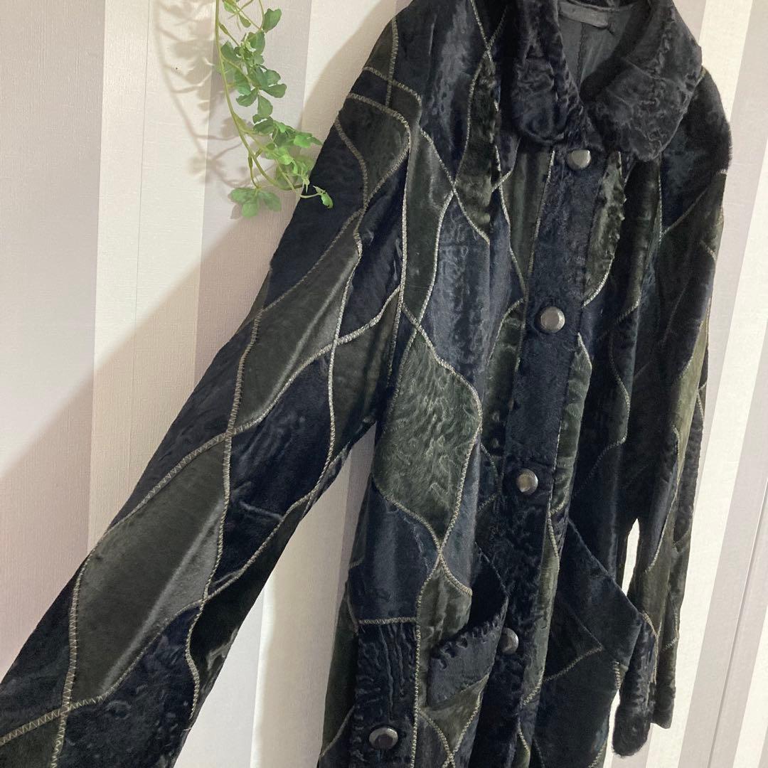 リンナネン【L】高級ファーコート◎ブラック　異素材のダイヤ柄　ロシアンカラクール