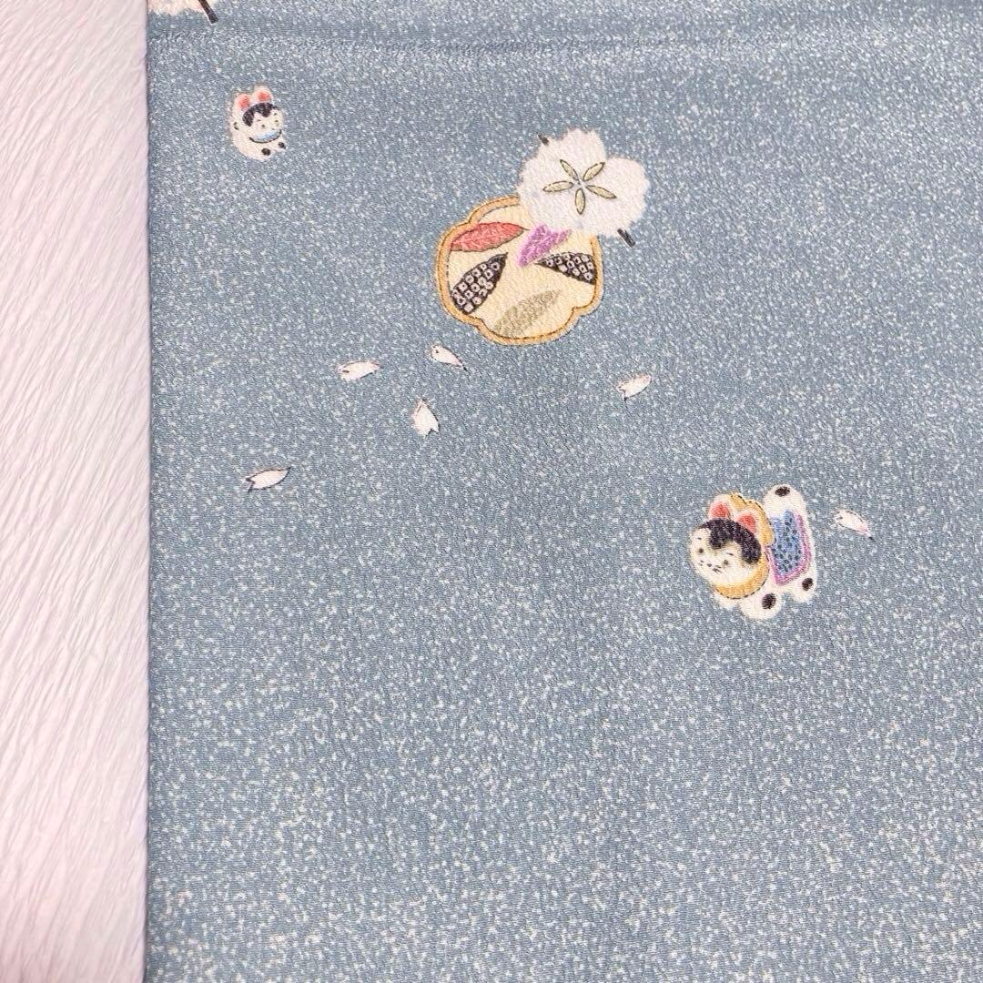 【美品✨】東レシルック　洗える着物　小紋　水浅葱色　狛犬　桜　手縫い仕立て　N4