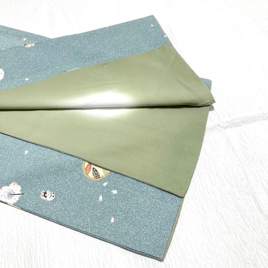 【美品✨】東レシルック　洗える着物　小紋　水浅葱色　狛犬　桜　手縫い仕立て　N4