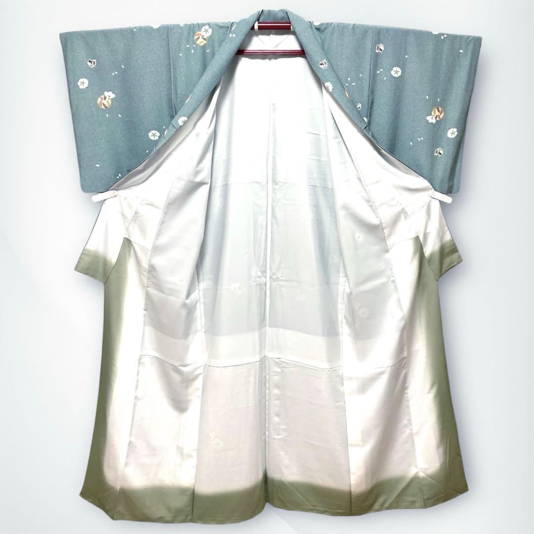 【美品✨】東レシルック　洗える着物　小紋　水浅葱色　狛犬　桜　手縫い仕立て　N4