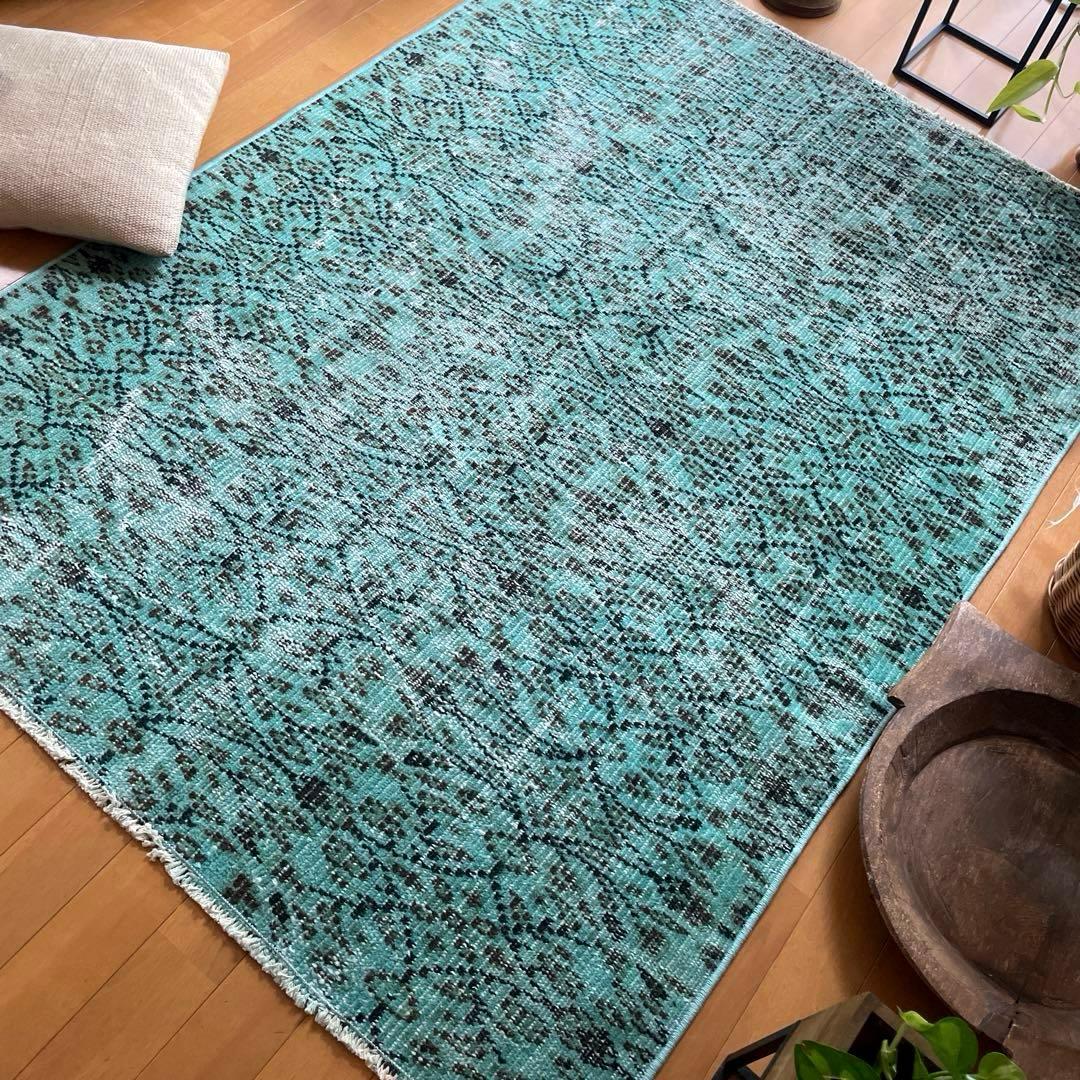 110×150 ボタニカル　ターコイズオーバーダイ　トルコヴィンテージラグ