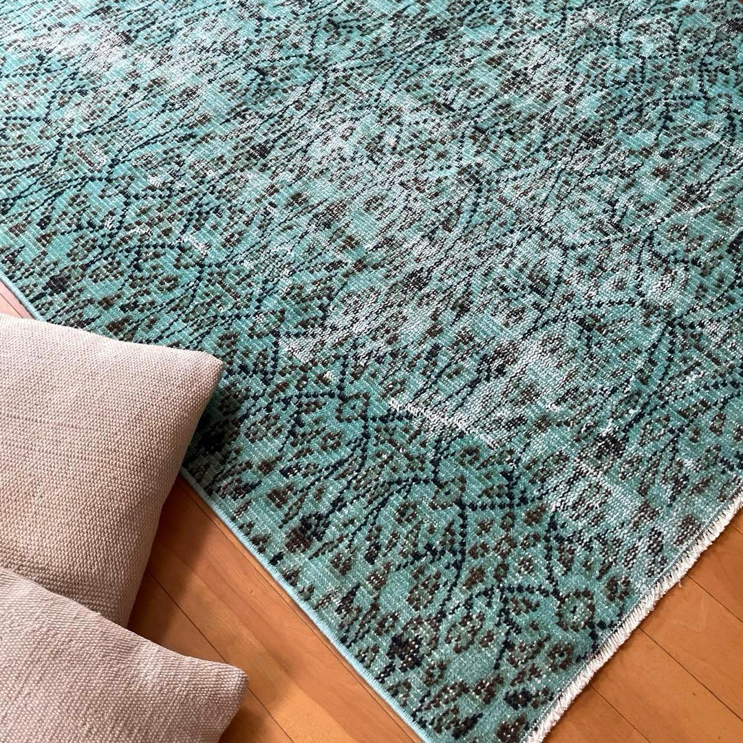 110×150 ボタニカル　ターコイズオーバーダイ　トルコヴィンテージラグ