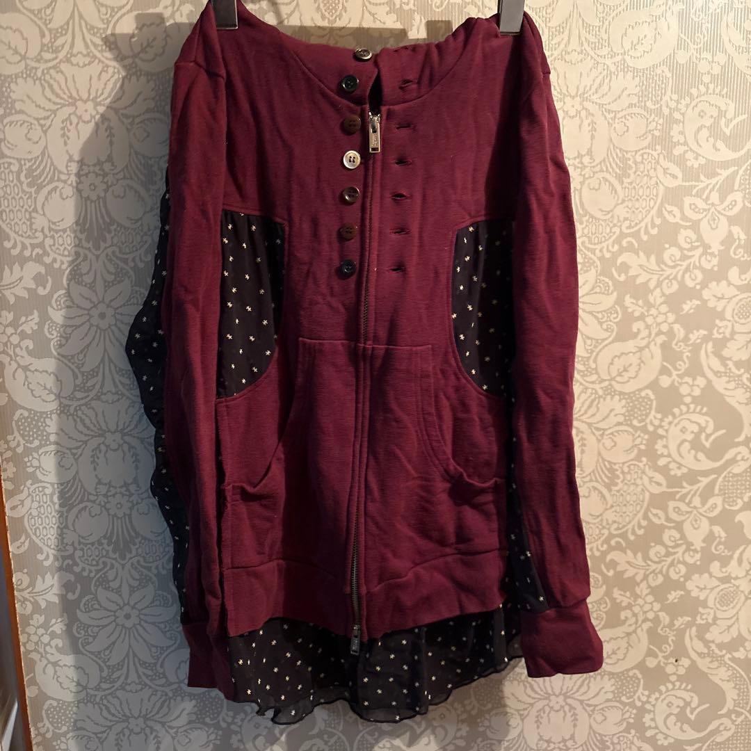 バーガンディ ボタン付きジップアップパーカー