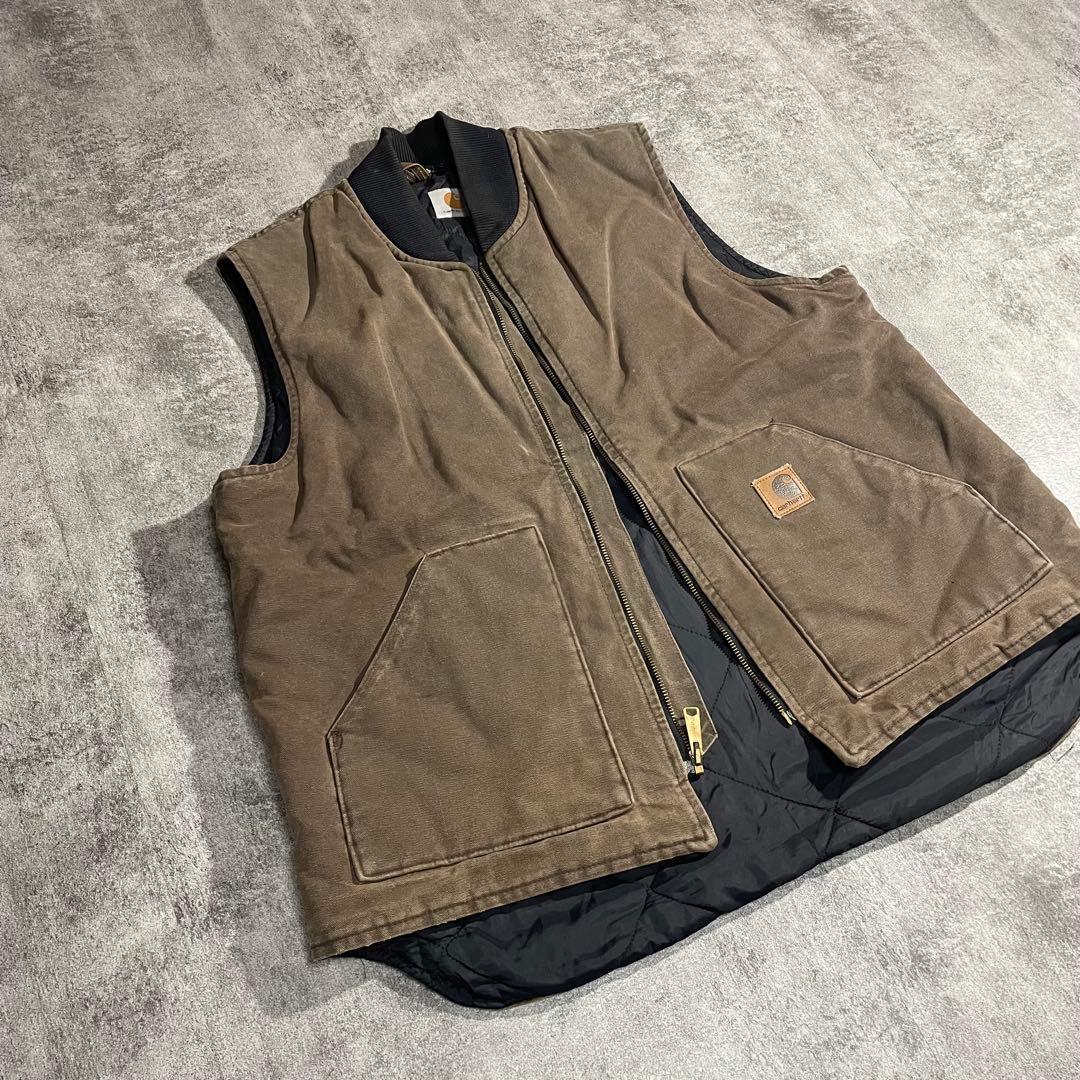 Carhartt ダックベスト古着キルティング ブラウン希少XLサイズ相当