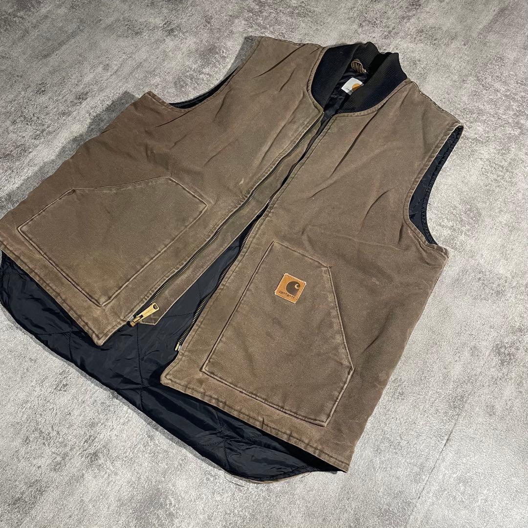 Carhartt ダックベスト古着キルティング ブラウン希少XLサイズ相当