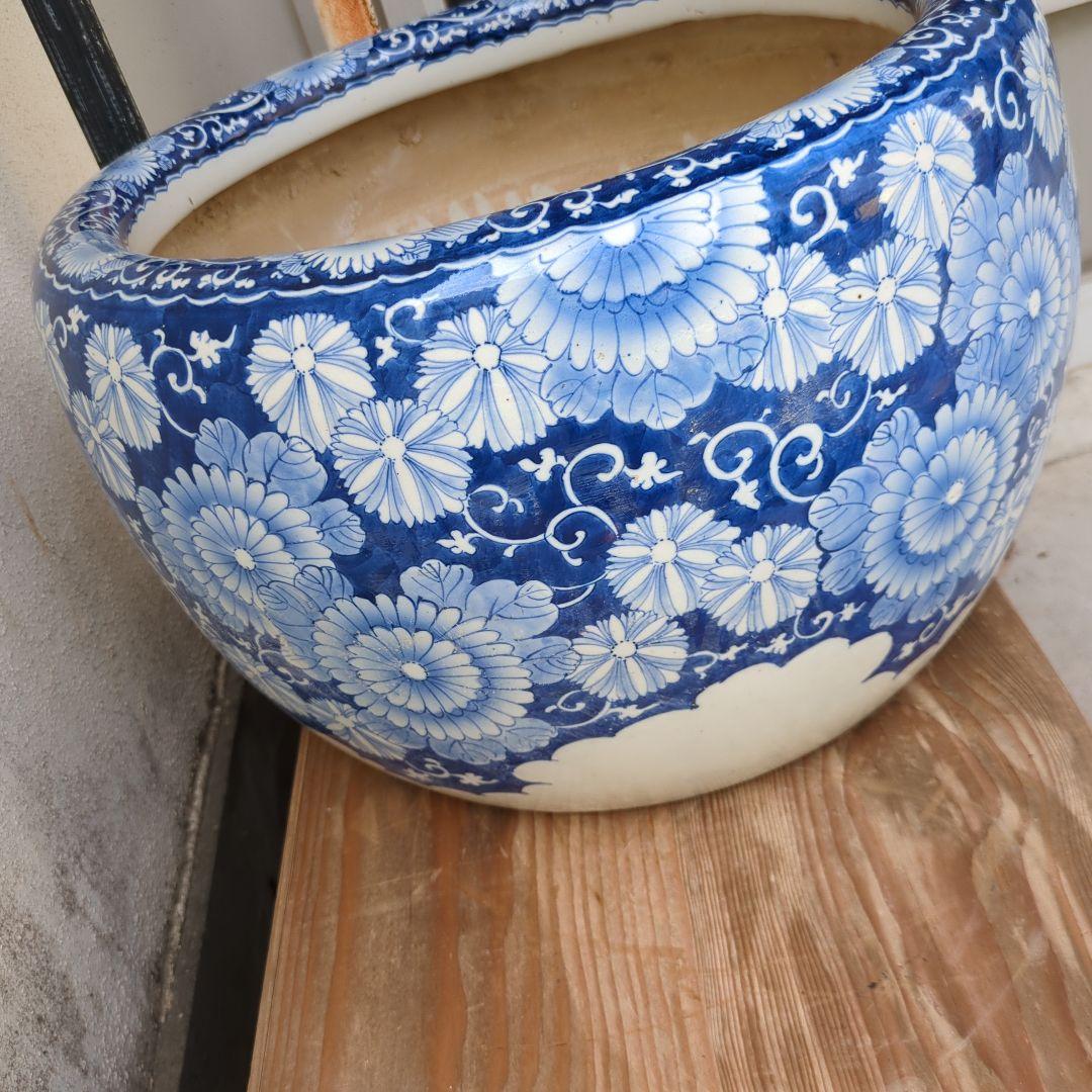 骨董 火鉢 染め付け モダン レトロ花 メダカ 睡蓮鉢 金魚 テーブル