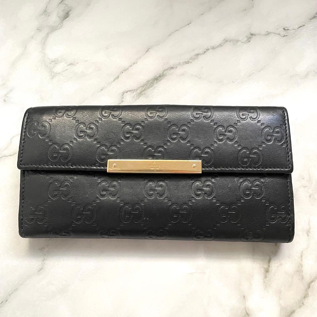 GUCCI グッチ　シマ レザー 長財布　メタルロゴ　wホック　0121-①