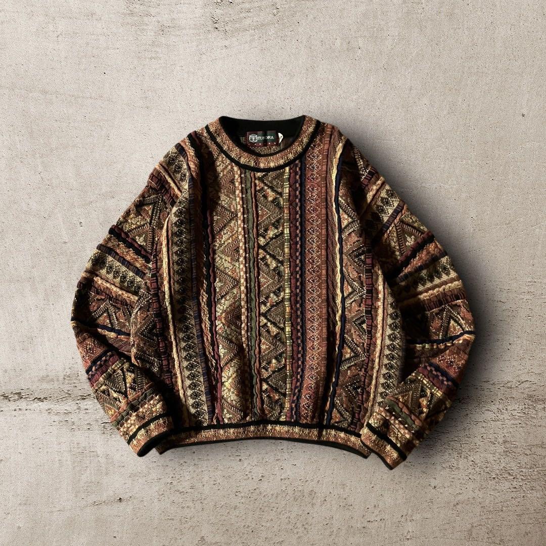 90s TUNDRAツンドラ幾何学模様3Dニット希少クージー調CBOYブラウンM