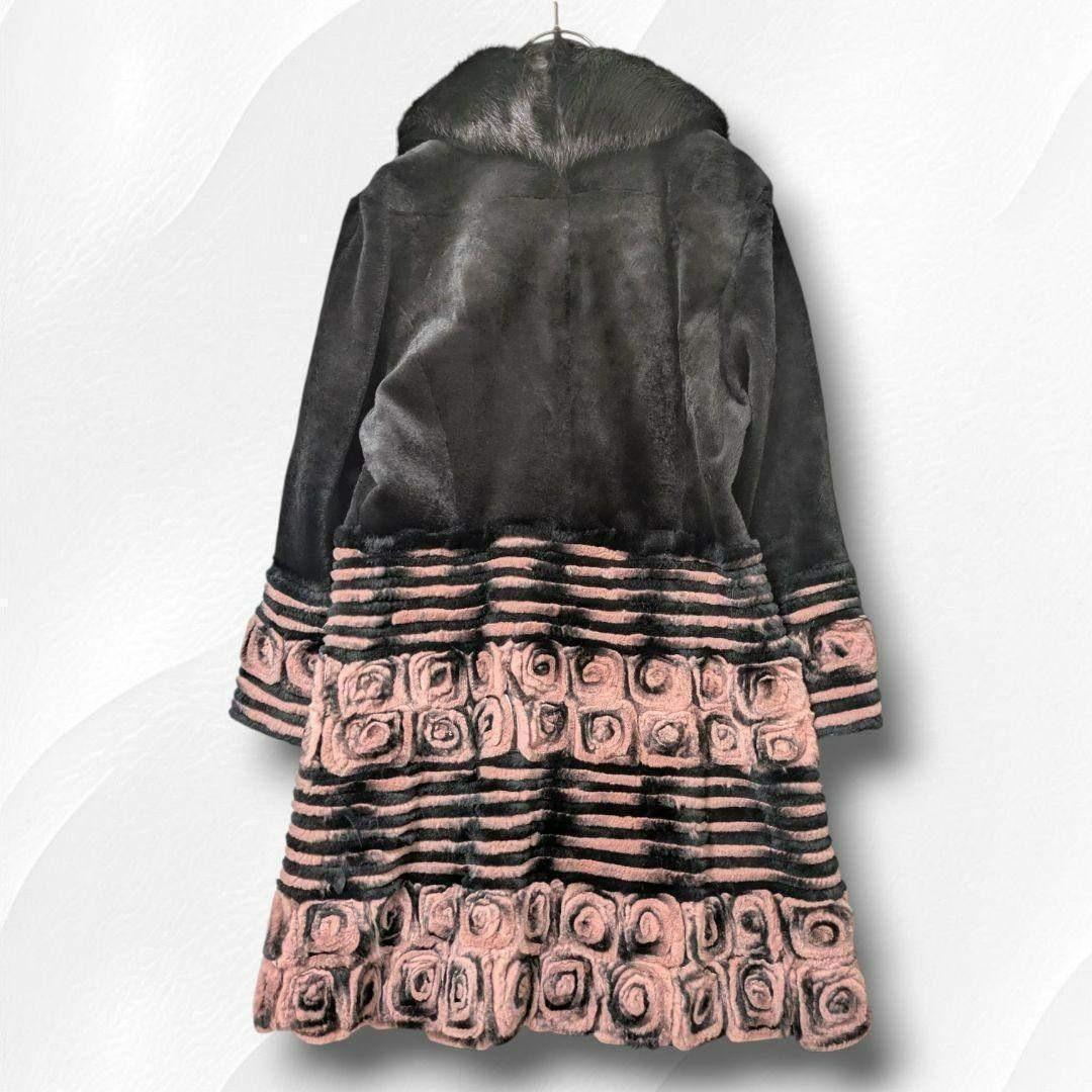 【希少】ミンク襟 × レッキスラビット 薔薇柄 リアルファーコート ピンク