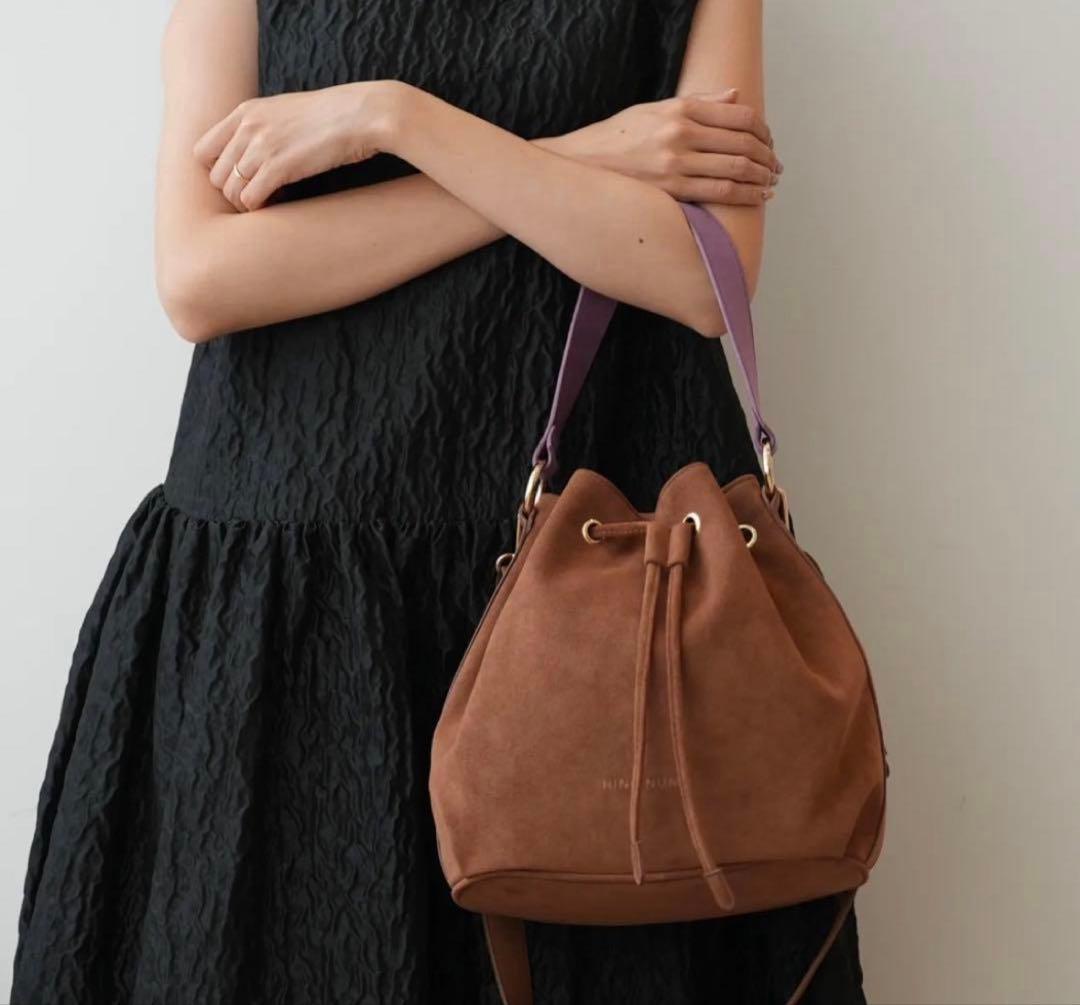 1回使用★HINC NUNC バケットバッグ　ブラウン&パープル　スエード