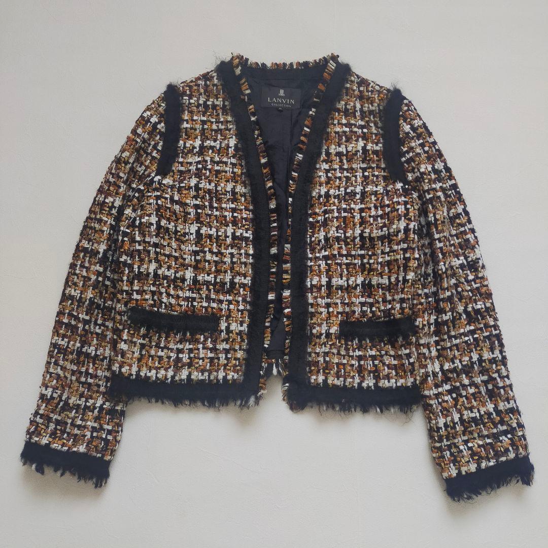 極美品　ランバンコレクション　ツイード　ノーカラージャケット　モヘア