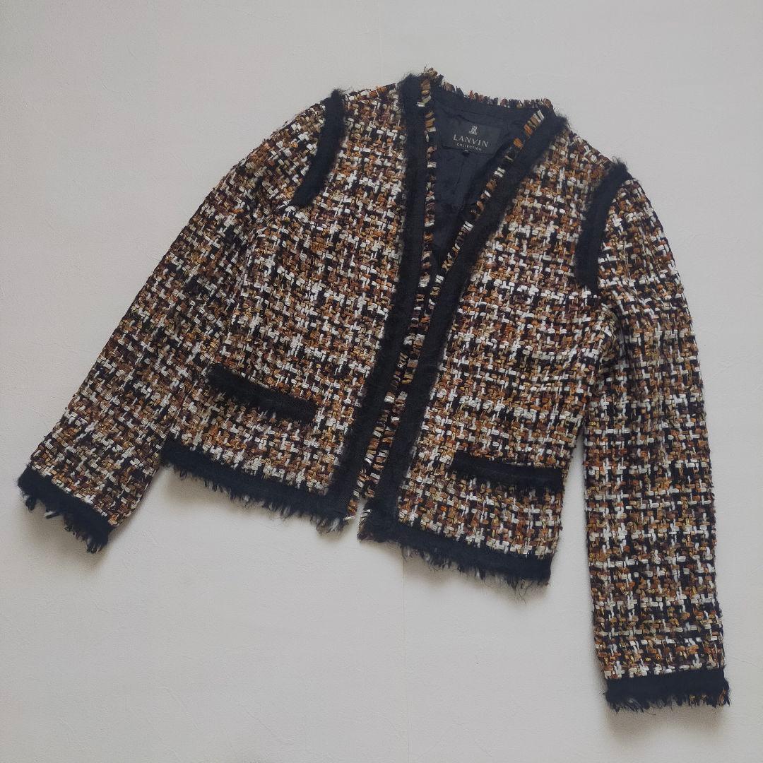 極美品　ランバンコレクション　ツイード　ノーカラージャケット　モヘア