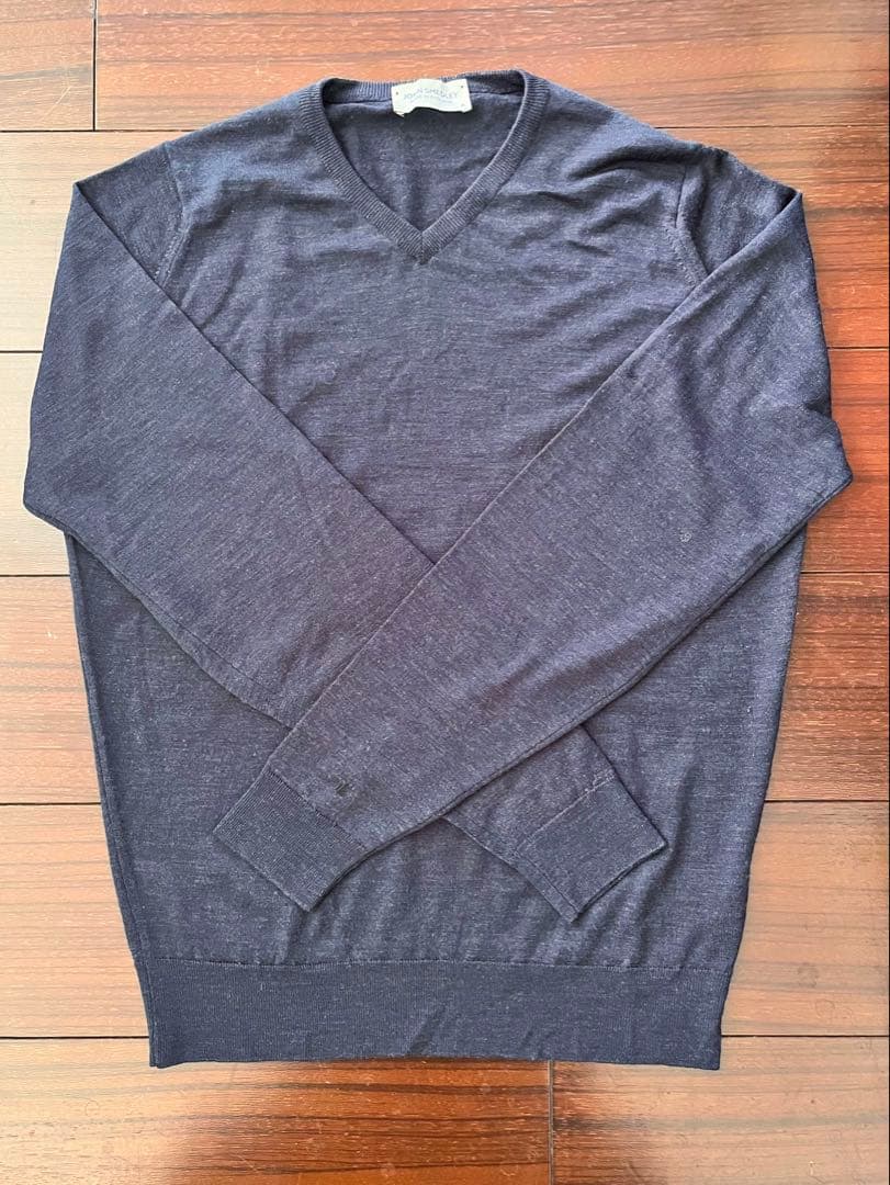 ジョンスメドレー　現行タグ　ニット　メリノウール　ネイビー　M　Vネック