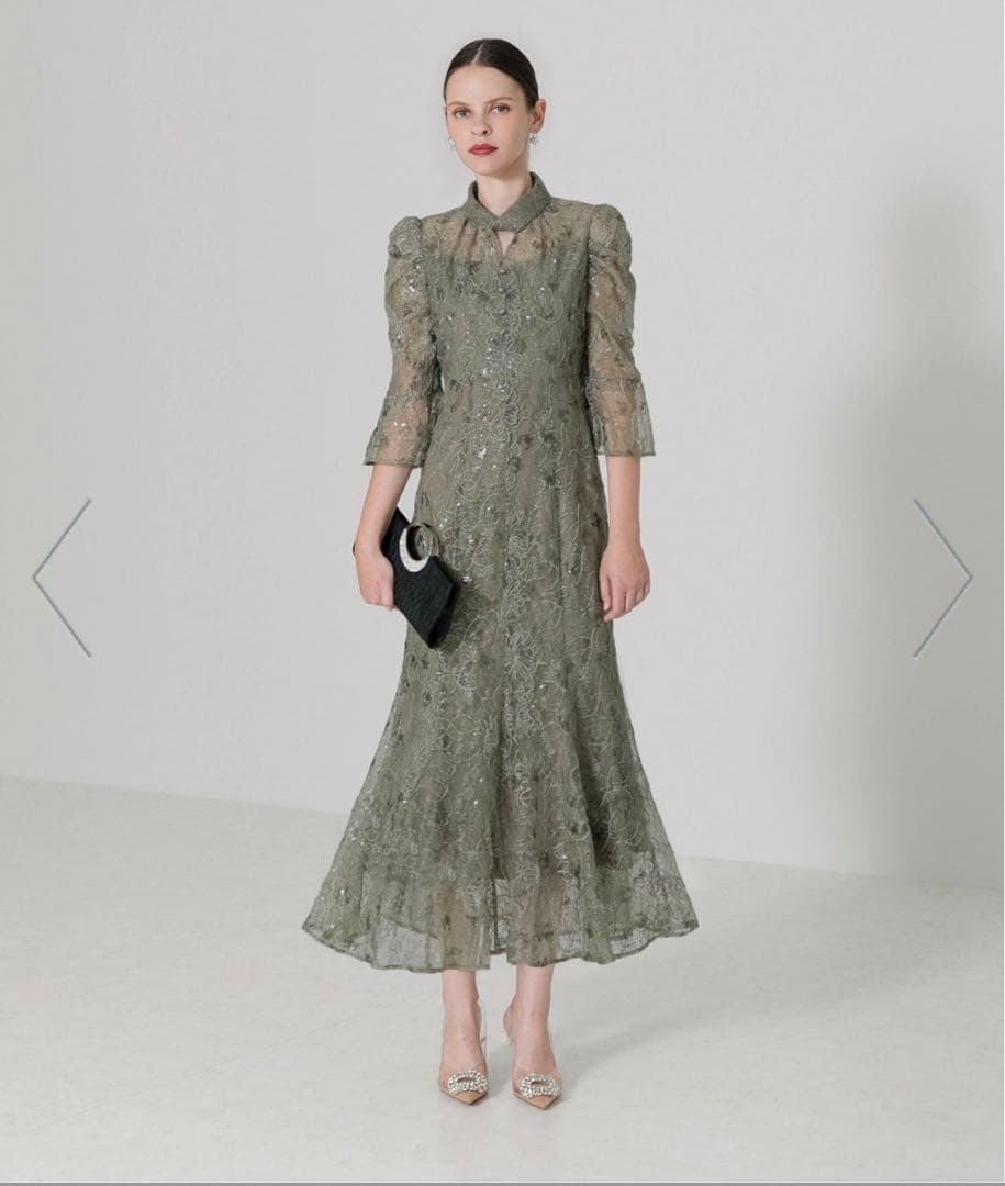 LEJA/スパンコール花柄パフスリーブマーメイドワンピースドレス　M