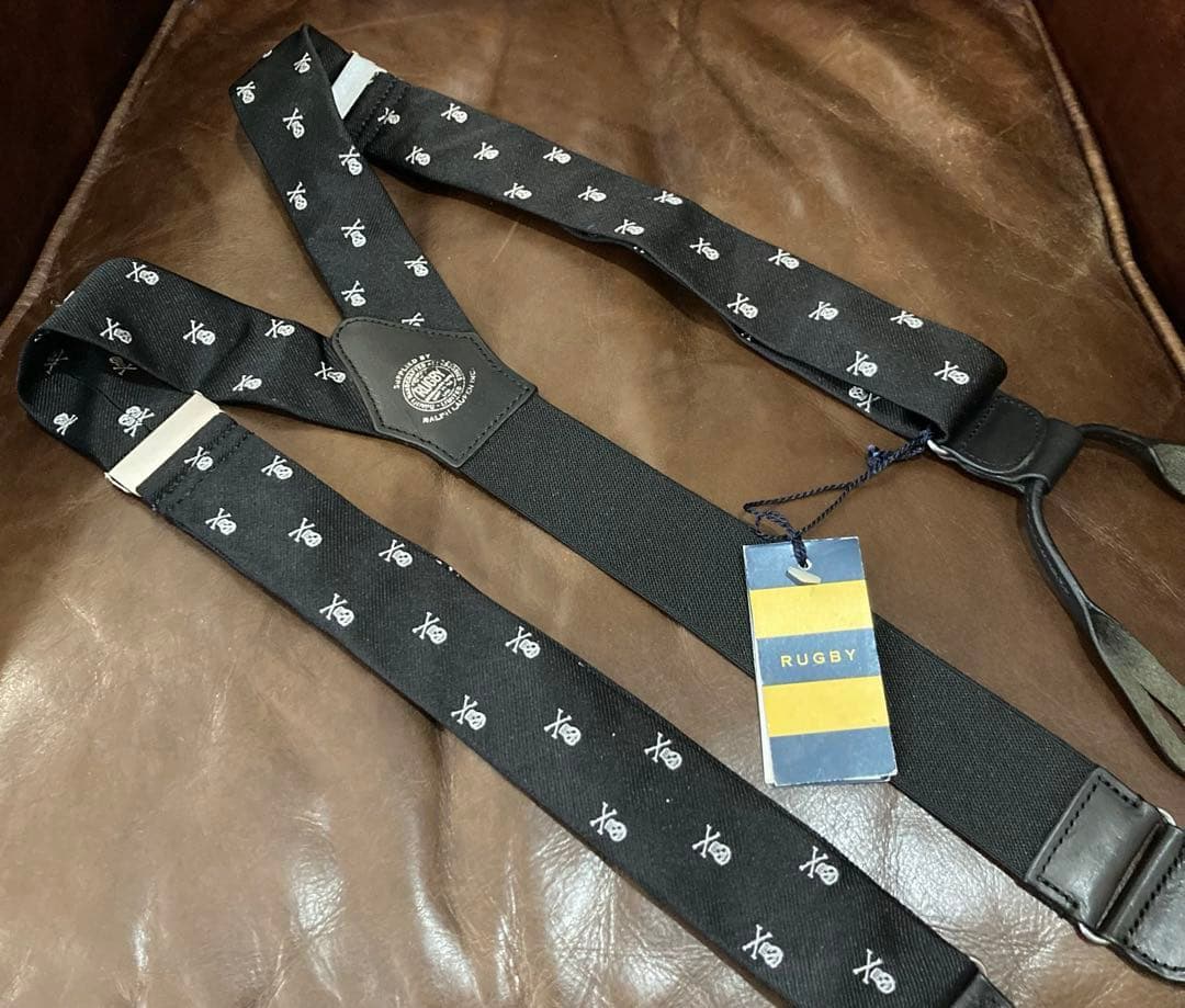 未使用タグ付　スカル柄サスペンダー ラルフローレン ポロ　ラグビー レザー