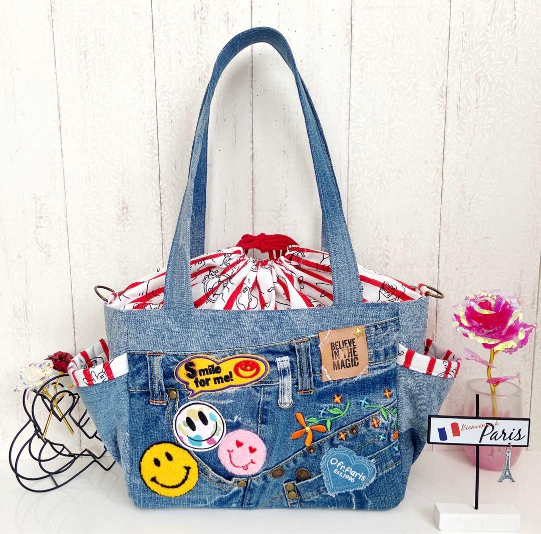 デニムリメイクバックM お花し刺繍ニコちゃん