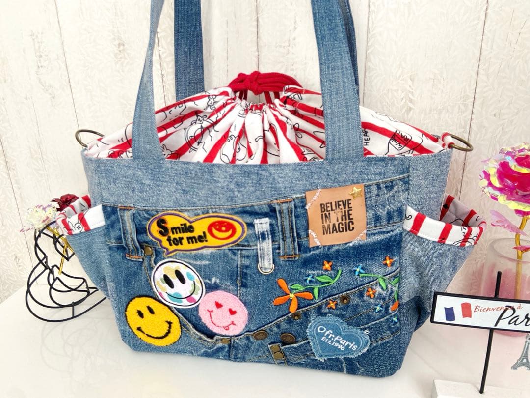 デニムリメイクバックM お花し刺繍ニコちゃん