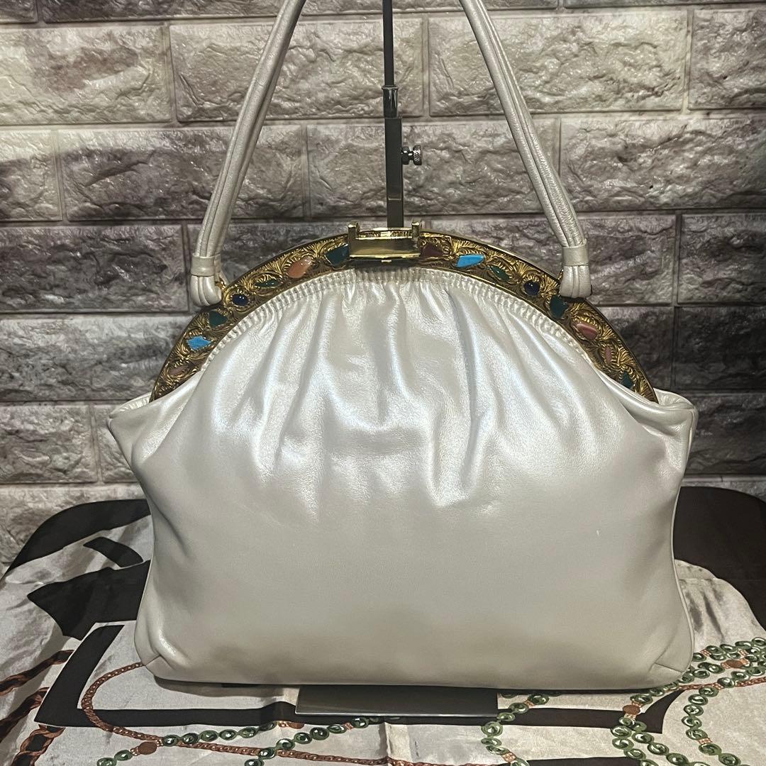 希少☆美品☆本革濱野皮革工藝 HAMANOがま口貴石 サンピエトロ ハンドバッグ