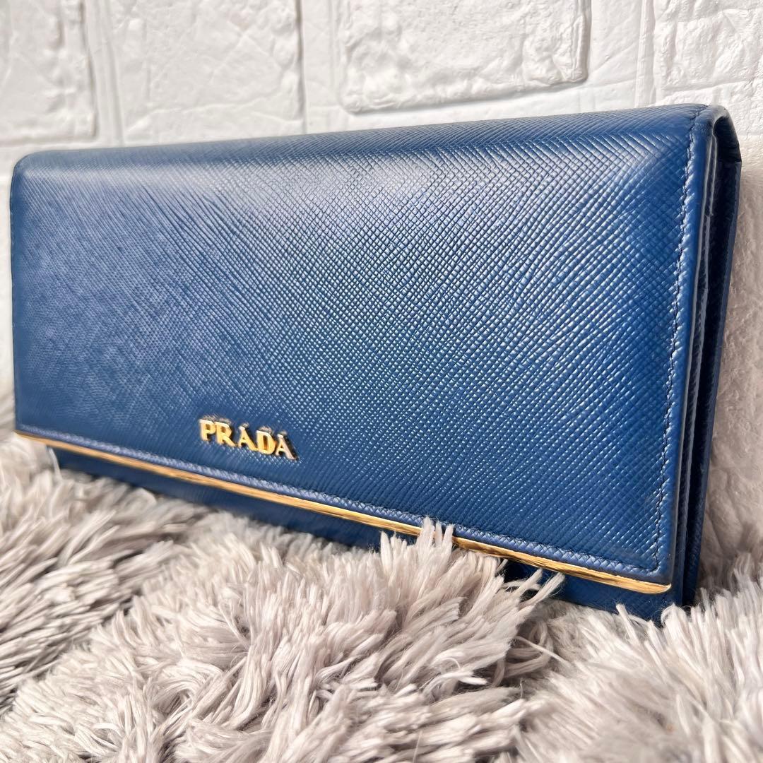 美品✨PRADA サフィアーノ　メタルバー　ネイビー　長財布　メタルロゴ