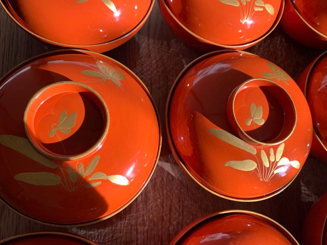 最終価格(9日迄) 輪島塗 沈金蒔絵吸物椀14客　大正3年　時代物　すみれと蝶々