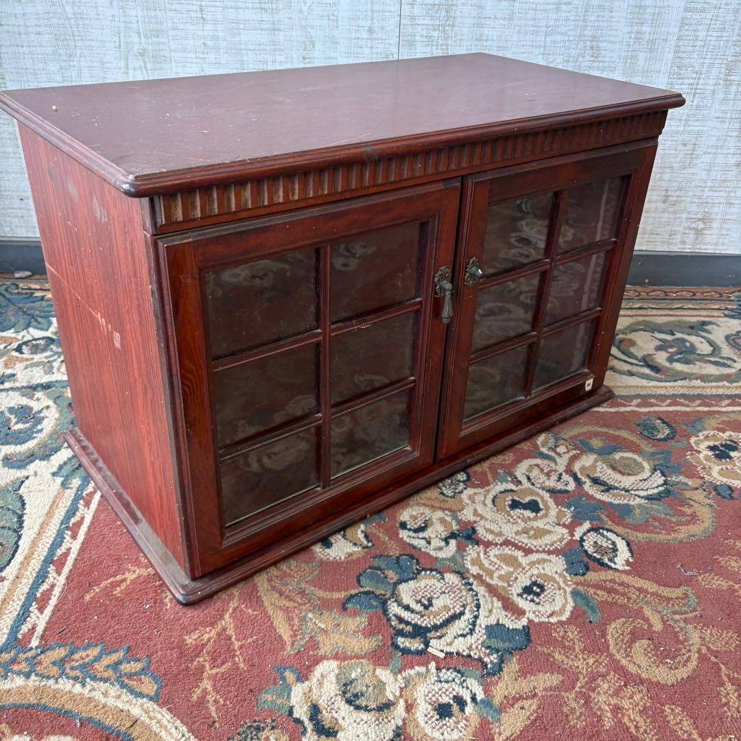 昭和レトロ 四国工芸 窓枠風ガラス扉 木製レコードラック キャビネット ラック