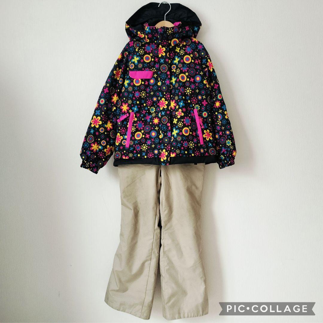 【美品】Phenix 女の子 スキーウェア 140 130調節 黒 花柄 上下